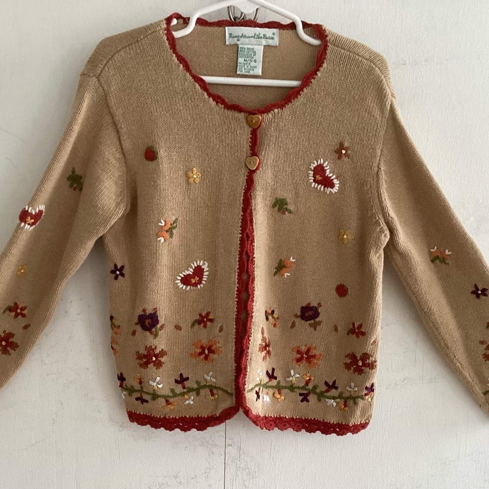 Vintage Ring Around The Rosie Ramie/Cotton Embroidered 2Button Knit Sweater M5/6